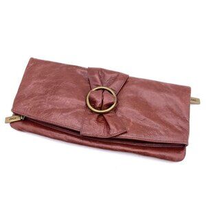 Hobo International Genuine Leather Clutch Purse Brown Paisley Lining Zip Pockets